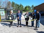 Beachwood Mayor Justin Berns cut the ribbon Monday (April 22) morning  outside the city's community center to officially begin the city's residential composting program. With Berns are Councilwoman Danielle Shoykhet, left; a representative of Rust Belt Riders, the organization partnering with Beachwood to conduct the program; Councilwoman Ali Sterns; and Councilman Joshua Mintz.