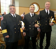 Orange Village Council confirmed the appointments Wednesday (May 1) of, from left, Larry Genova as fire chief, Christian Flores as fire lieutenant and William Mandich as assistant fire chief. Scott Arcangeli, not pictured, was also promoted to fire captain.