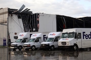 The partially collapsed FedEx building in Portage after the reported tornado and thunderstorms from Tuesday, May 7.