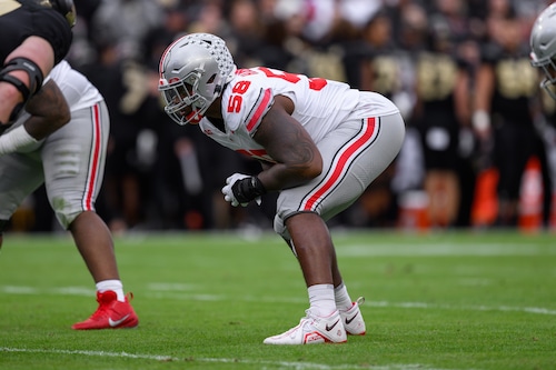 Ohio State Buckeyes defensive tackle Ty Hamilton (58) lines up before the snap during the college football game between the Purdue Boilermakers and Ohio State Buckeyes on October 14, 2023, at Ross-Ade Stadium in West Lafayette, IN.