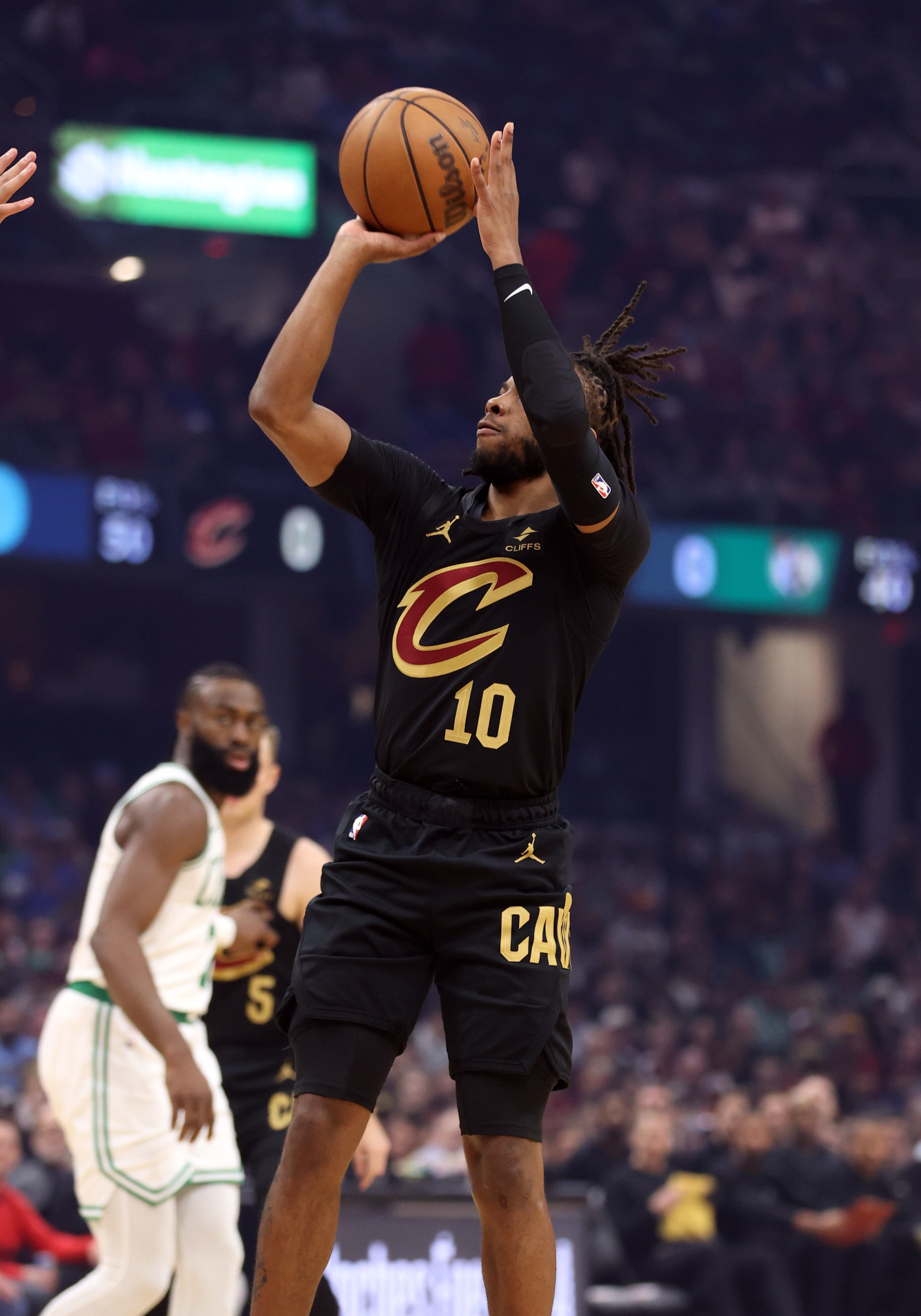 Cleveland Cavaliers guard Darius Garland shots a jumper against the Boston Celtics in the first half of play. 